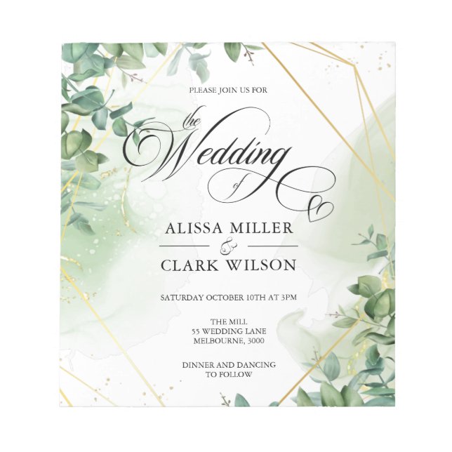 BUDGET Eucalyptus Greenery Gold Wedding Invitation Notepad (Front)