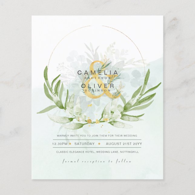 BUDGET Eucalyptus Greenery Gold Wedding QR CODE IN Flyer (Front)