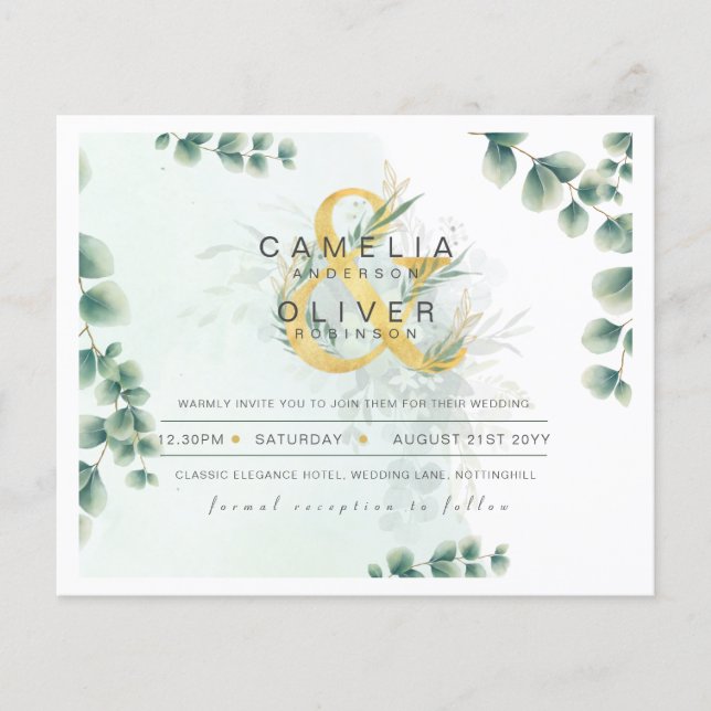 BUDGET Eucalyptus Greenery Gold Wedding QR CODE IN Flyer (Front)