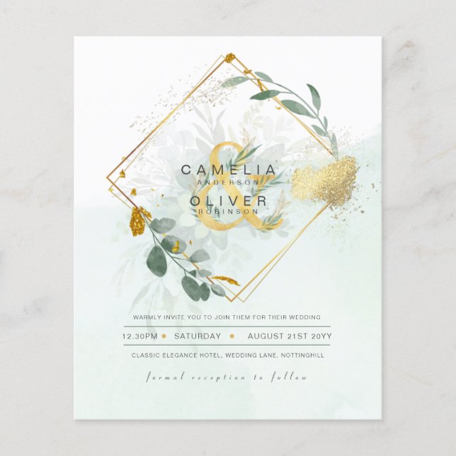 BUDGET Eucalyptus Greenery Gold Wedding QR CODE IN Flyer (Front)