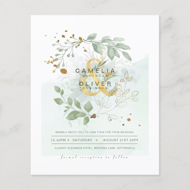 BUDGET Eucalyptus Greenery Gold Wedding QR CODE IN Flyer (Front)