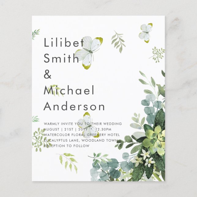 BUDGET Eucalyptus Greenery Leaves Emerald Wedding Flyer (Front)