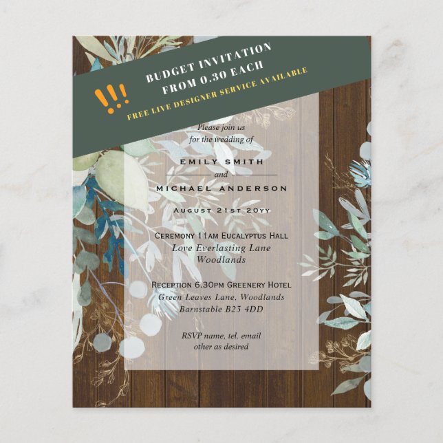 BUDGET EUCALYPTUS Greenery Leaves Wedding INVITES Flyer (Front)