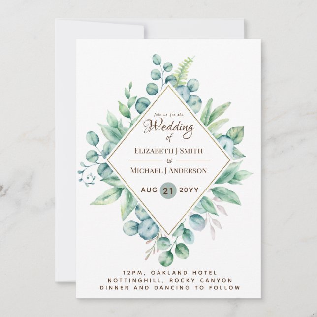 Budget Eucalyptus Greenery Modern Wedding Invites (Front)
