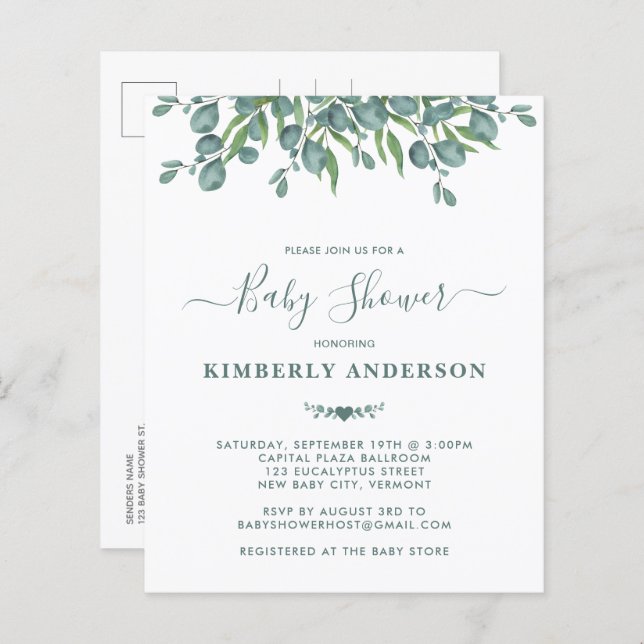 Budget Eucalyptus Greenery Sage Baby Shower Invite (Front/Back)