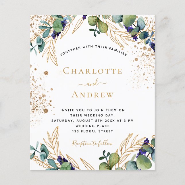 Budget eucalyptus greenery wedding invitation (Front)