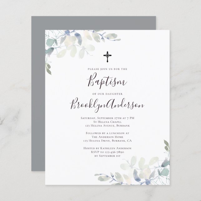 Budget Eucalyptus Grey Baptism Invitation (Front/Back)