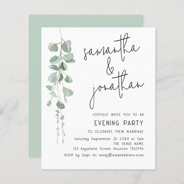 Budget Eucalyptus Informal Wedding Evening Invite (Front/Back)