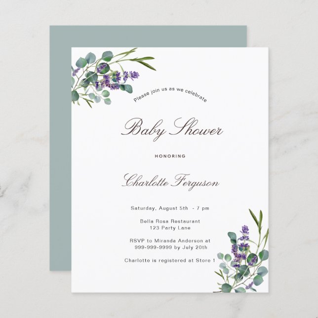 Budget eucalyptus lavender baby shower invitation (Front/Back)