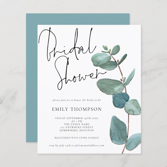 Budget Eucalyptus Leaf Bridal Shower Invitation (Front/Back)
