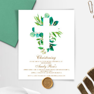Budget Eucalyptus Leaves Cross Christening Invite