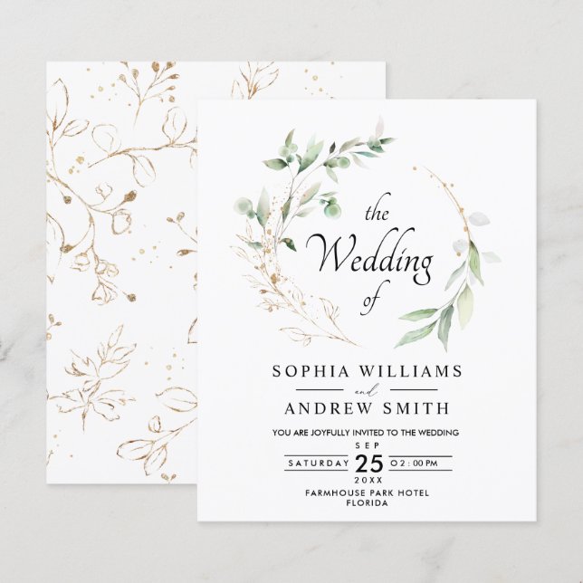 Budget Eucalyptus Leaves & Gold Rustic Wedding  (Front/Back)