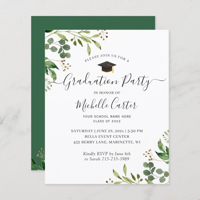 Budget Eucalyptus Leaves Graduation Party Invite (Front/Back)