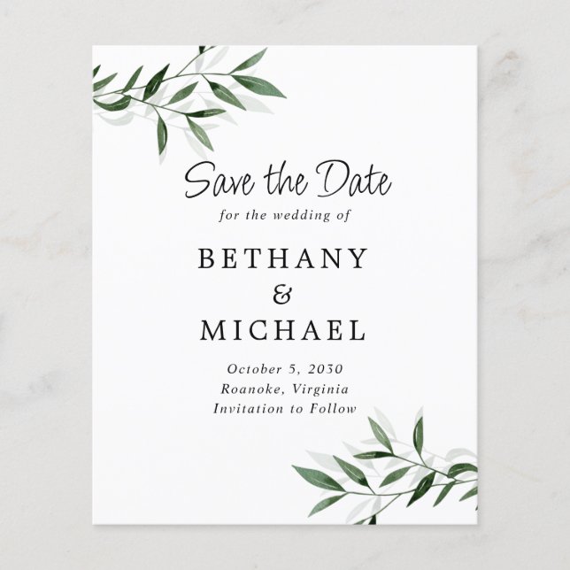 Budget Eucalyptus Leaves Wedding Save the Date (Front)