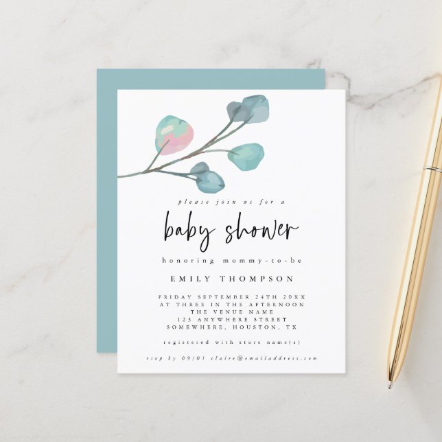 Budget Eucalyptus Modern Baby Shower Invitation (Front/Back In Situ)