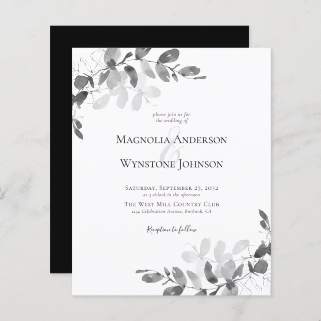 Budget Eucalyptus Monochrome Wedding Invitation (Front/Back)