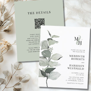 Budget Eucalyptus Monogram Wedding Invitation