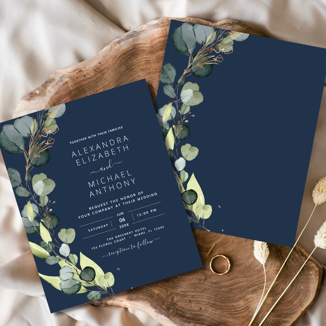Budget Eucalyptus Navy Blue Greenery Wedding Flyer (Creator Uploaded)