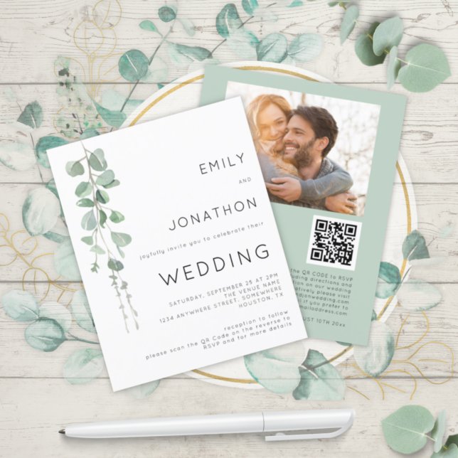 Budget Eucalyptus Photo QR Code Wedding Invitation (Creator Uploaded)