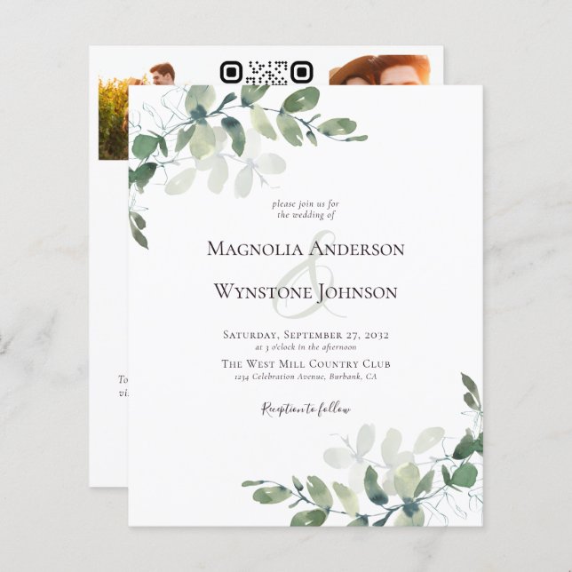 Budget Eucalyptus Photo QR Wedding Invitation (Front/Back)