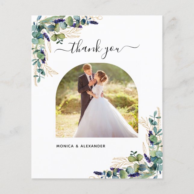 Budget eucalyptus photo wedding thank you card (Front)