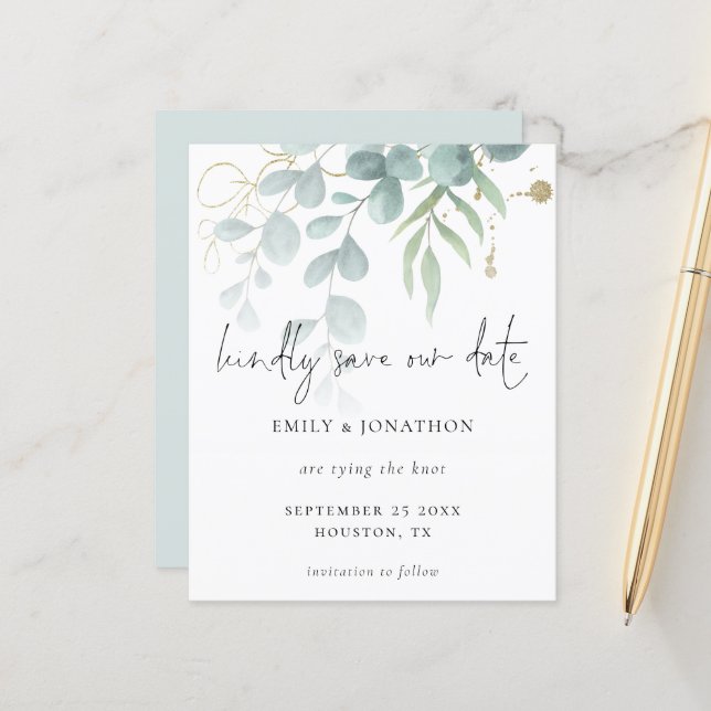 Budget Eucalyptus Powder Blue Gold Save The Date (Front/Back In Situ)