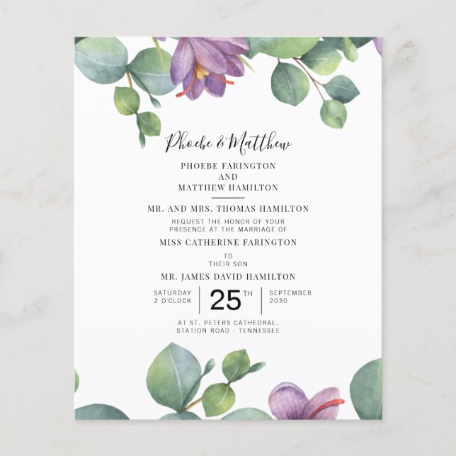 Budget Eucalyptus Purple Green Succulent Wedding (Front)
