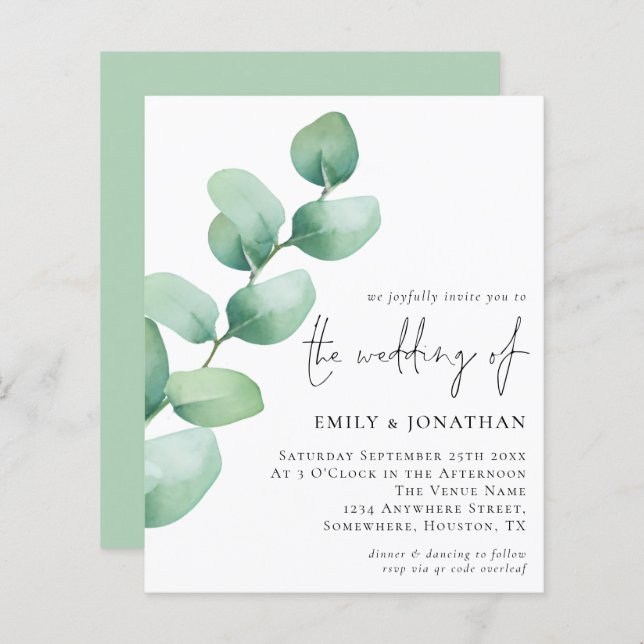 Budget Eucalyptus QR Code Script Wedding Invite (Front/Back)