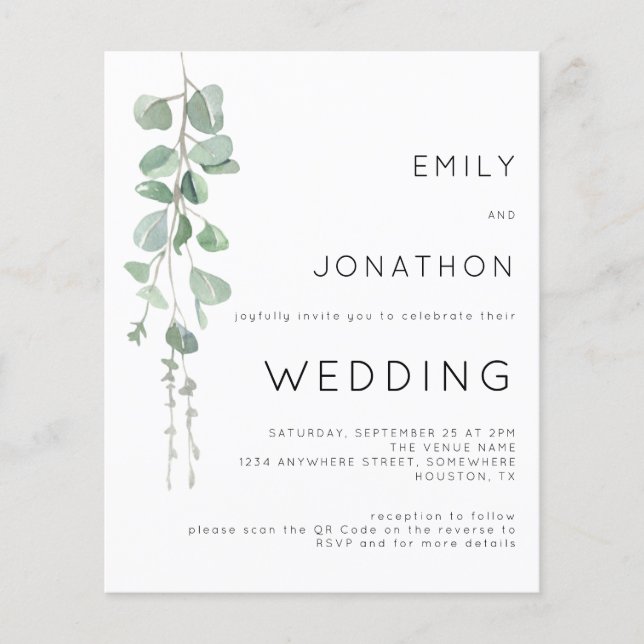 Budget Eucalyptus QR Code Wedding Invitation (Front)