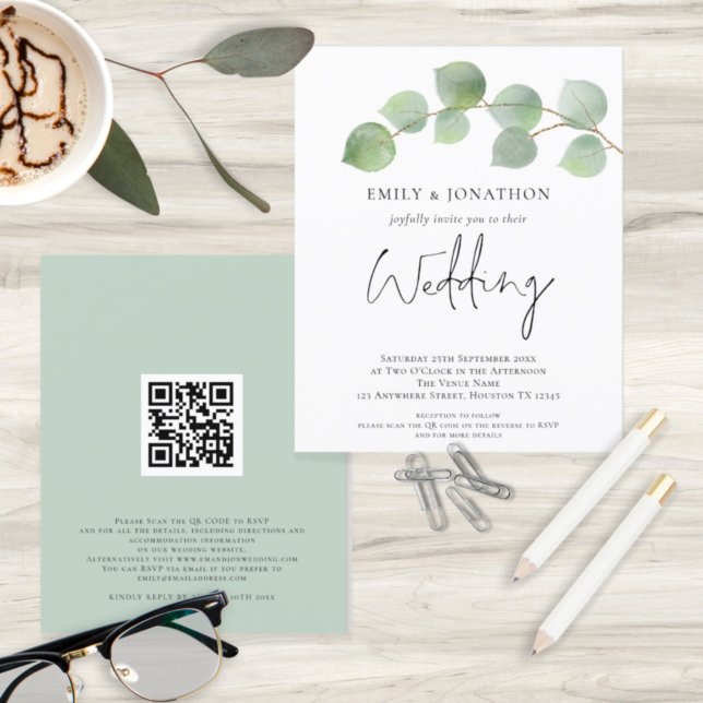 BUDGET Eucalyptus QR Code  Wedding Invitation (Creator Uploaded)