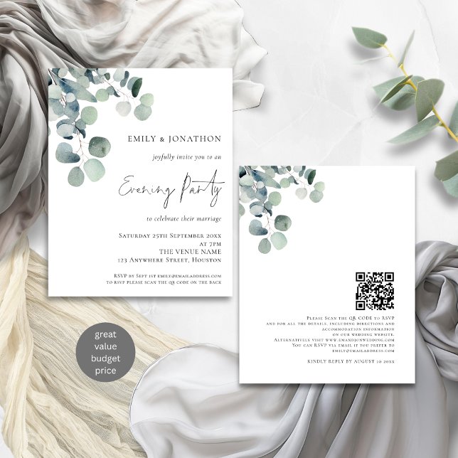 Budget Eucalyptus QR Wedding Evening Invite (Front and back view)