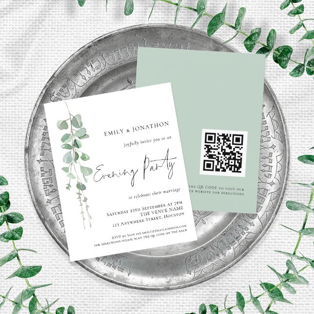 Budget Eucalyptus QR Wedding Evening Party Invite (Front and back view)