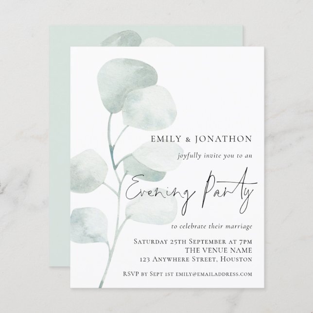 Budget Eucalyptus QR Wedding Evening Party Invite (Front/Back)