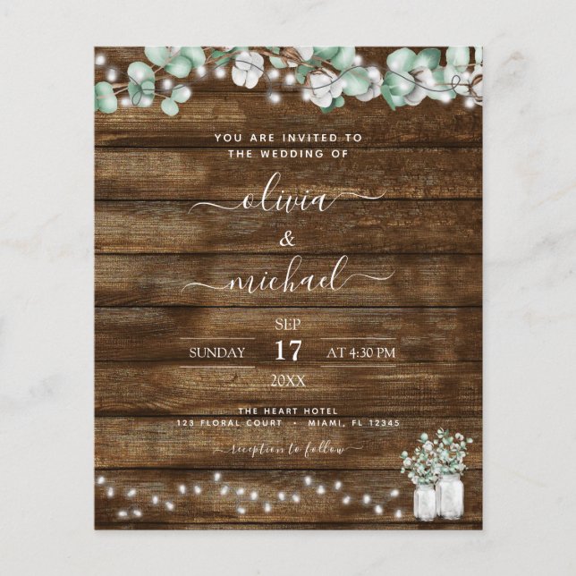 Budget Eucalyptus Rustic Wedding Invitations Flyer (Front)