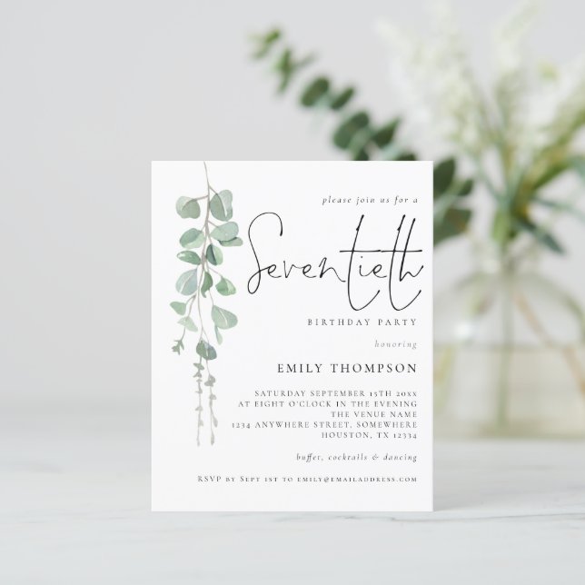 Budget Eucalyptus Script 70th Birthday Invitation (Standing Front)