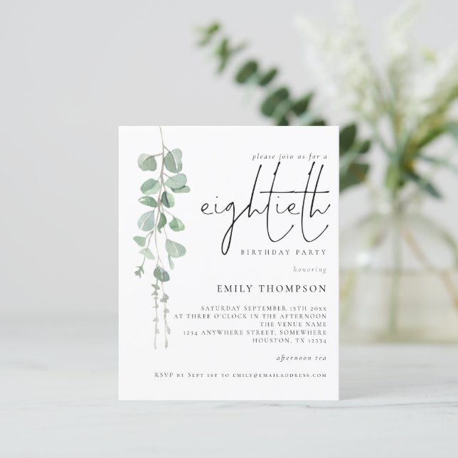 Budget Eucalyptus Script 80th Birthday Invitation (Standing Front)