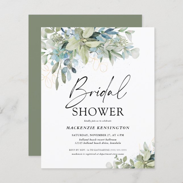 Budget Eucalyptus Script Bridal Shower Invitation (Front/Back)