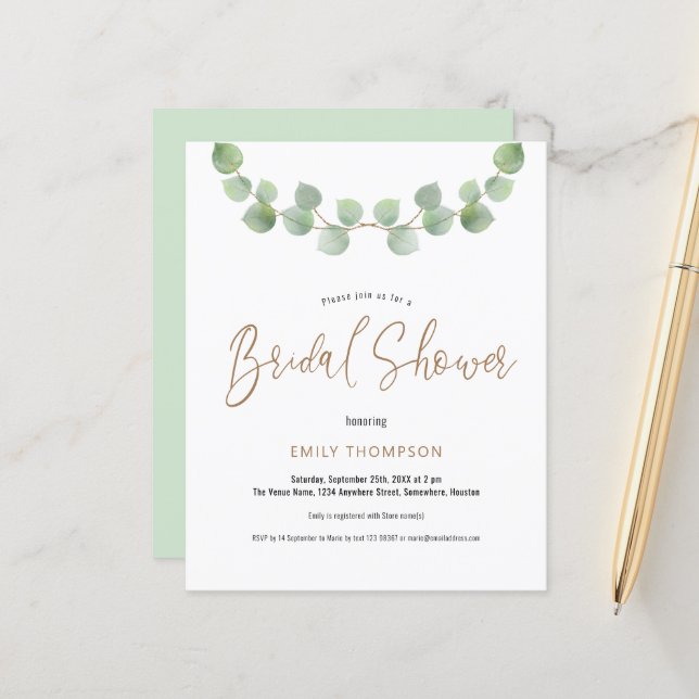 Budget Eucalyptus Script Bridal Shower invitation (Front/Back In Situ)