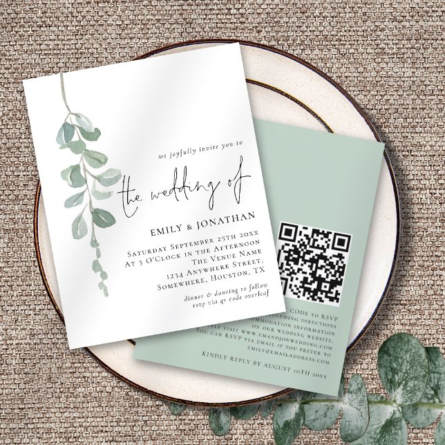 Budget Eucalyptus Script QR Sage Wedding Invite (Front and back view)