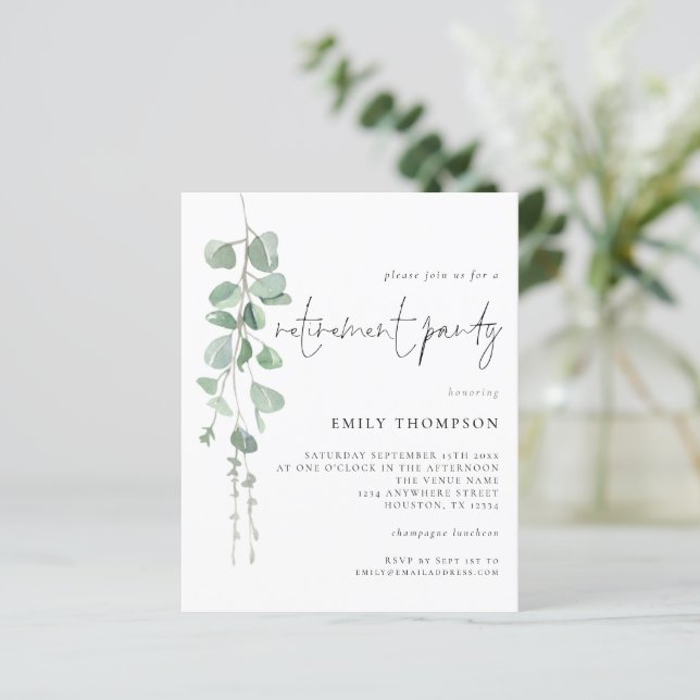 Budget Eucalyptus Script Retirement Party Invite (Standing Front)