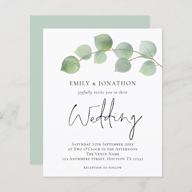 BUDGET Eucalyptus Script Wedding  Invitation (Front/Back)