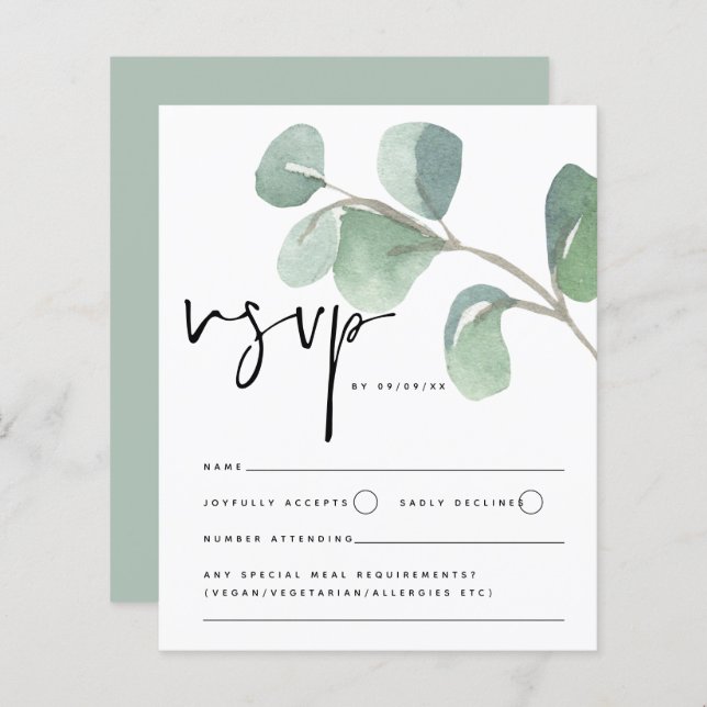 Budget Eucalyptus Script Wedding RSVP Enclosure (Front/Back)