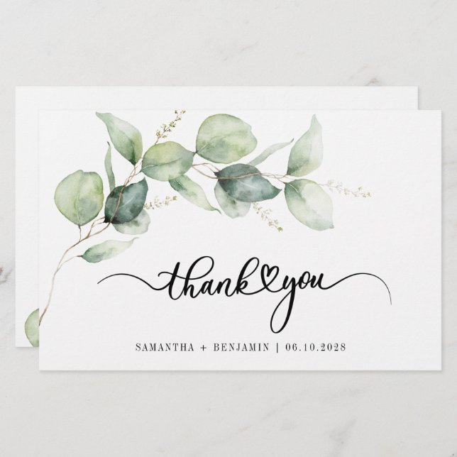 Budget Eucalyptus Script Wedding Thank You Stationery (Front/Back)