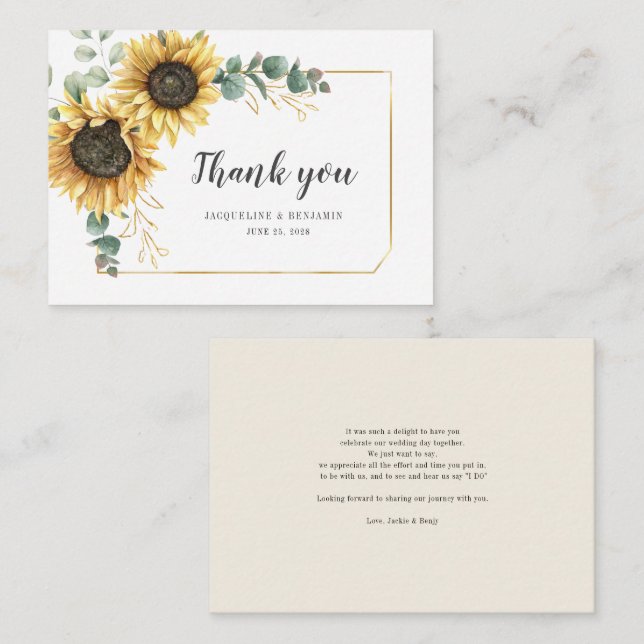 Budget Eucalyptus Sunflower Wedding Thank You Card (Front/Back)