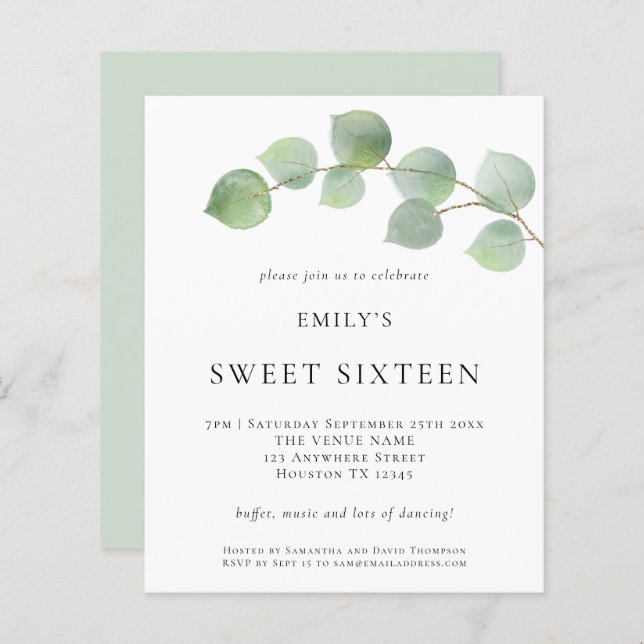 Budget Eucalyptus Sweet Sixteen Birthday Invite (Front/Back)