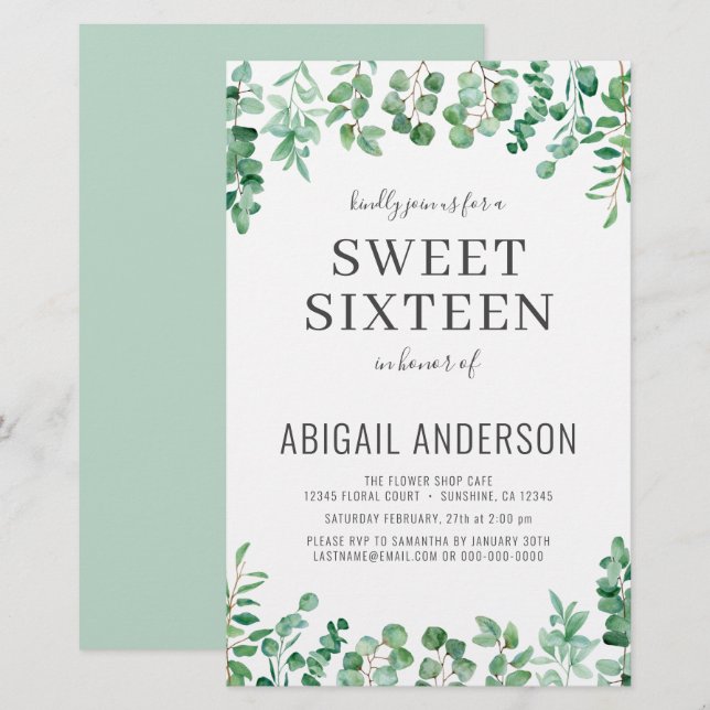 Budget Eucalyptus Sweet Sixteen Party Invitation (Front/Back)