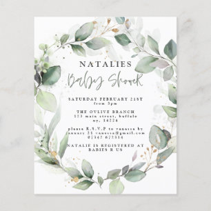 budget eucalyptus watercolor foliage baby shower flyer