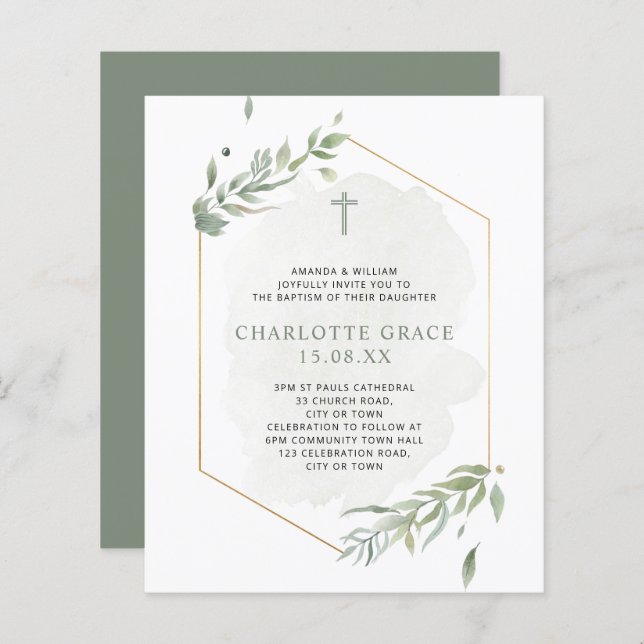 Budget Eucalyptus Watercolor Green & Gold Baptism (Front/Back)
