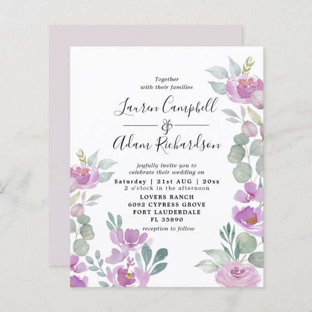 Budget Eucalyptus Watercolor Pink Wedding Invite (Front/Back)
