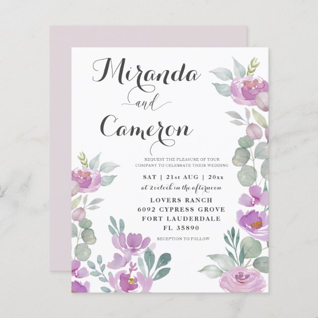 Budget Eucalyptus Watercolor Pink Wedding Invite (Front/Back)